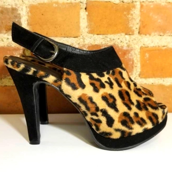 VINTAGE CHEETAH FAUX FUR HEELS SEXY PIN UP RETRO ANIMAL PRINT LEOPARD PLATFORMS - Picture 1 of 5